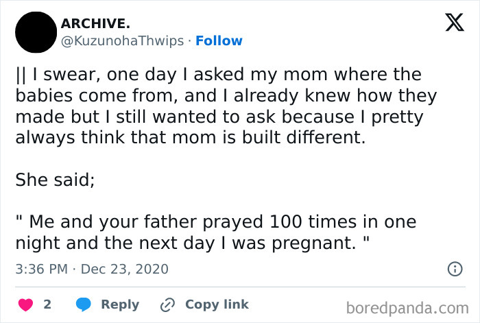Funny tweet about where babies come from, featuring a humorous response from a mother about praying and pregnancy.