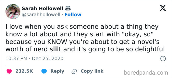 A tweet expressing joy about someone's passionate, detailed explanations, with high engagement.