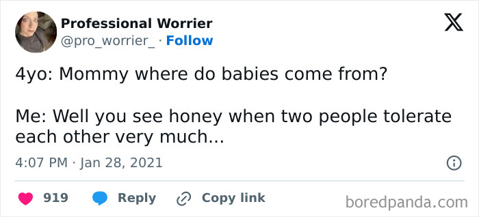 Funny tweet about where babies come from with a humorous answer.