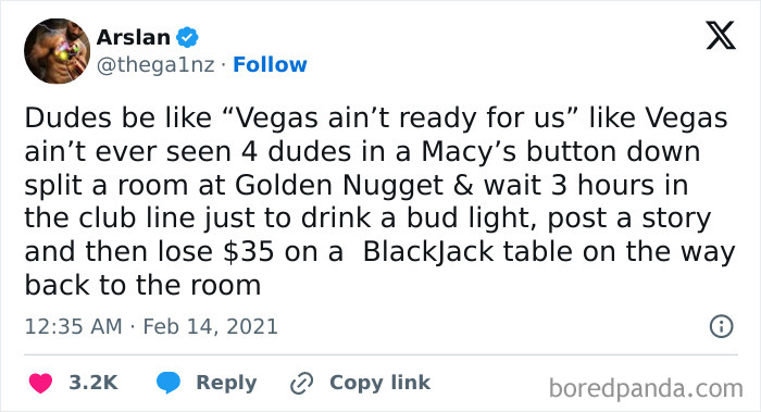 Funny tweet about Vegas stereotypes; four friends share room, drink Bud Light, lose $35 at Blackjack.
