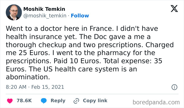 Tweet criticizing US healthcare costs, highlighting affordable healthcare experience in France.