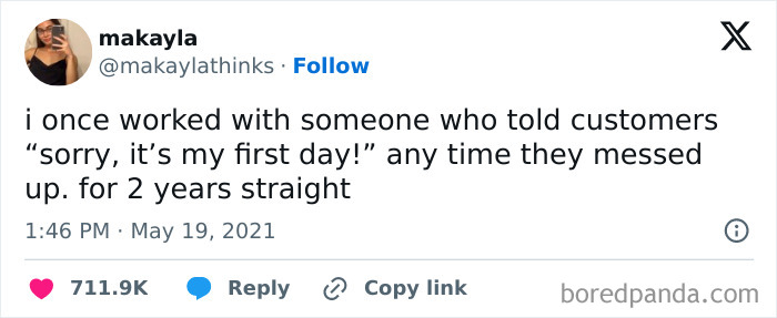 Funny meme about an employee saying "sorry, it's my first day" for two years, shared on Instagram.