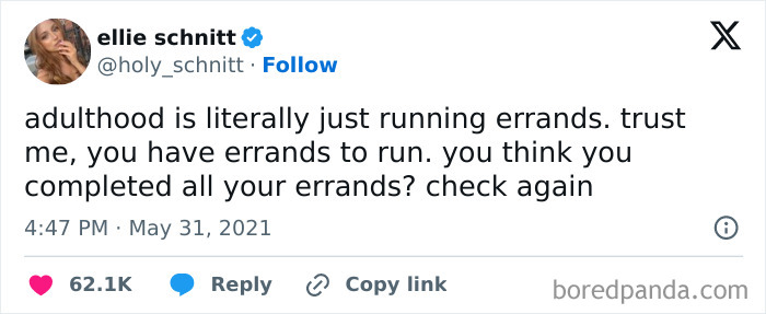 Tweet by ellie schnitt humorously describes being an adult as endless errands, liked by 62.1K users.