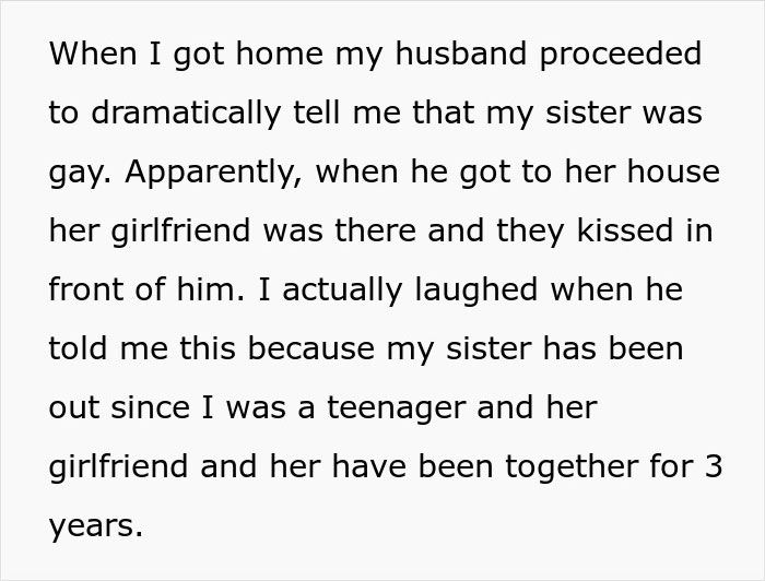 Text revealing husband's reaction to wife's gay sister; wife laughs knowing sister's long-term relationship.