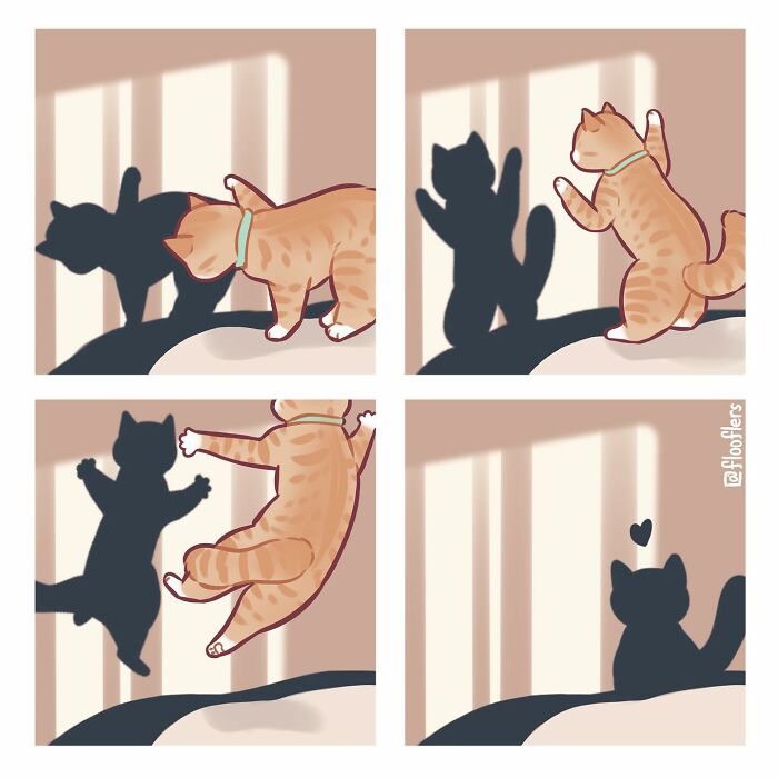 Four-panel comic of a cat playing, shadow mimics, creating hilarious and cute moments.