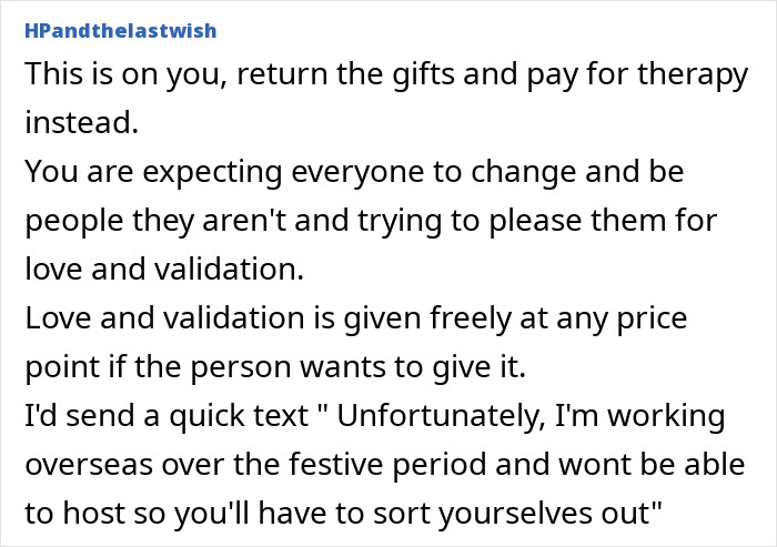 Reddit comment advising on returning gifts and seeking validation in family conflicts.