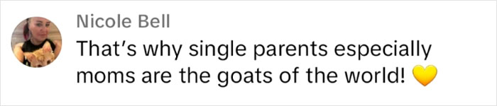 Nicole Bell comments on single parents as the true family sacrificers, with a heart emoji.