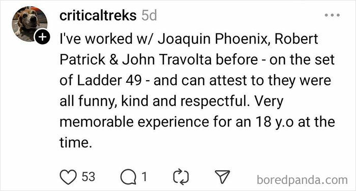 Social media post about meeting kind Hollywood celebrities Joaquin Phoenix, Robert Patrick, and John Travolta on a movie set.