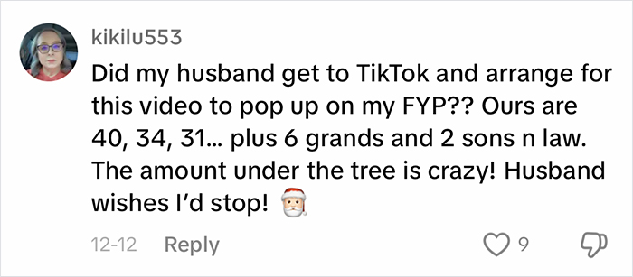 Social media comment about holiday gifts and family; parents question gift-buying decisions.