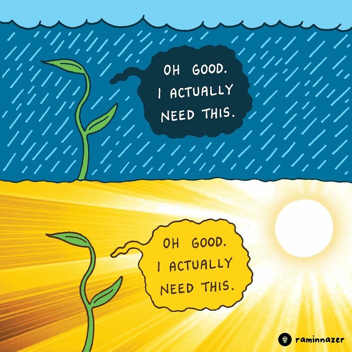 Vibrant illustration by Ramin Nazer showing a plant in rain and sun, expressing "Oh good. I actually need this."
