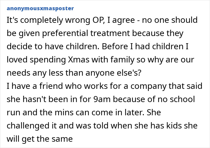 Text screenshot about a woman addressing workplace discrimination during Xmas.