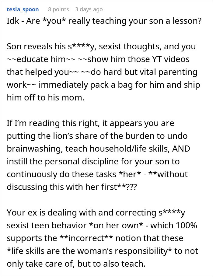 Reddit comment criticizing sexist teen behavior and parenting approach in household chores discussion.