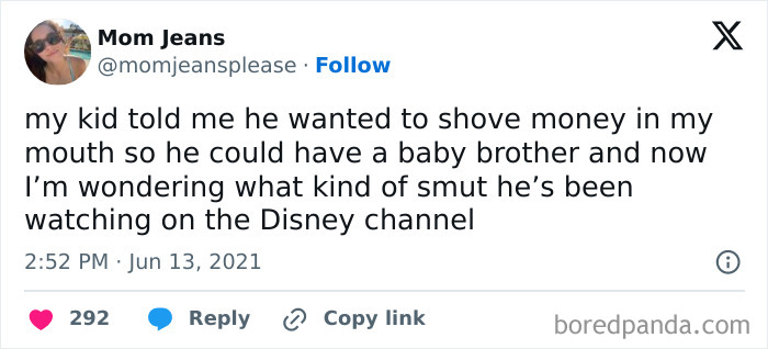 Funny tweet about a child's idea of where babies come from, involving money and the Disney channel.