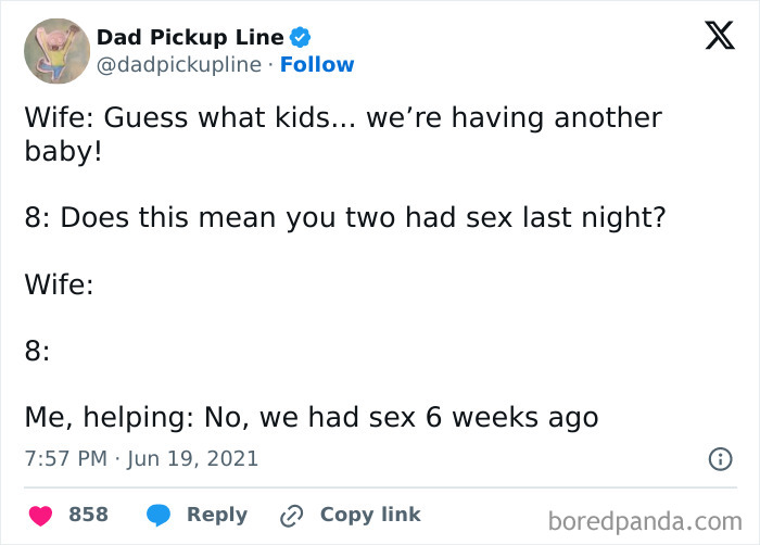 Funny tweet about where babies come from with a humorous misunderstanding by a child.