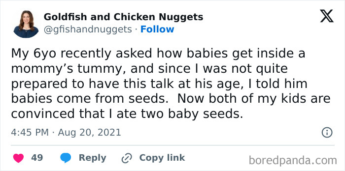 Tweet about a 6-year-old's funny question on where babies come from, mentioning a humorous seed explanation.