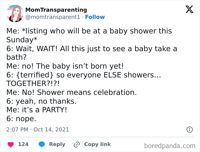 A funny tweet about a child's misunderstanding of baby showers.