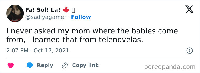 Tweet about learning where babies come from through telenovelas, adding humor to the topic.
