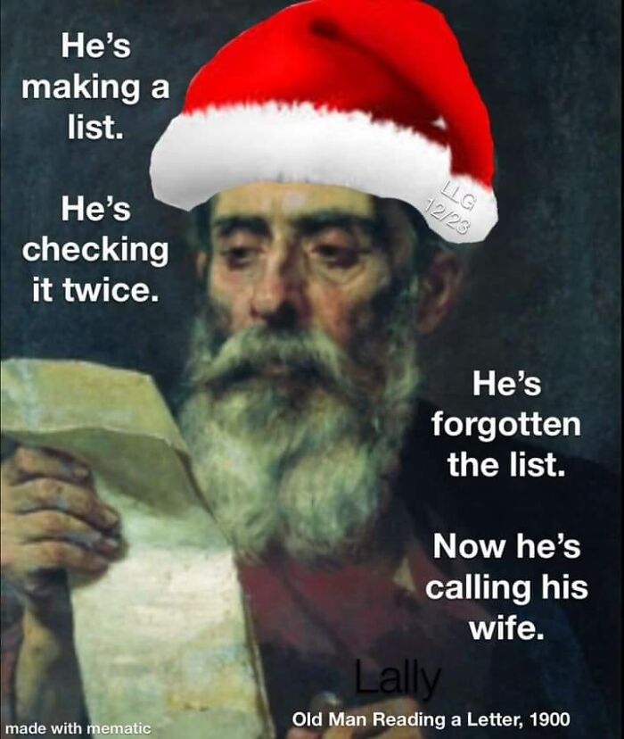 Old man with Santa hat reading list, humorously captioned to reflect dad's humor.