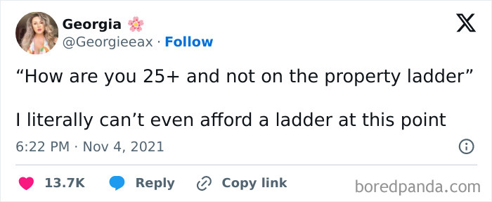 Tweet humorously highlighting British humor about property ladder struggles.