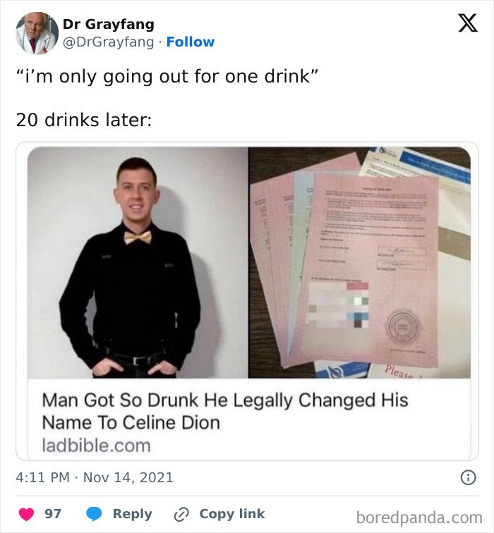Man changes name to Celine Dion after drinking, creating a funny meme moment.