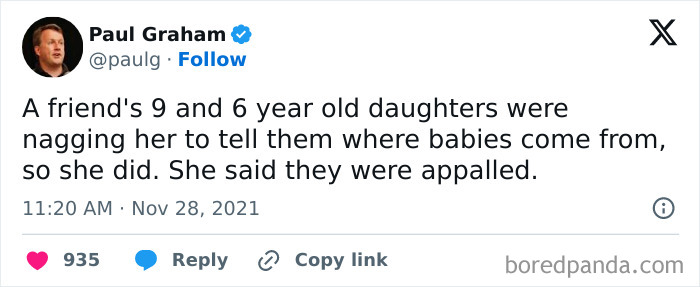 Tweet about a friend's daughters asking where babies come from, leading to an unexpected reaction.