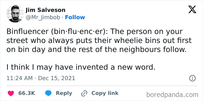 Tweet showcasing British humor about a "binfluencer," a neighbor who sets the bin day example.