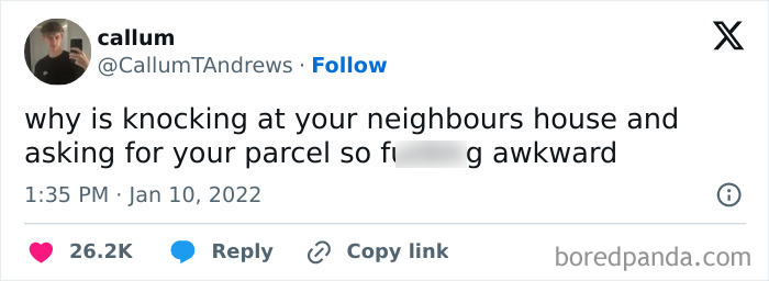 Tweet about British humor with a relatable joke on the awkwardness of collecting a parcel from a neighbor's house.