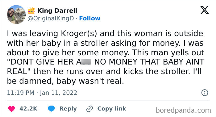 Hilarious meme featuring a funny Twitter post about a woman with a fake baby in a stroller outside a store.