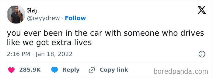 Tweet showcasing British humor about reckless driving with the caption "drives like we got extra lives."
