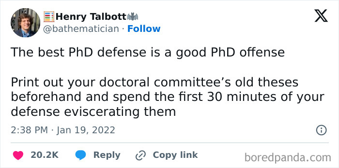 Funny science meme about PhD defense strategies involving critiquing the committee's old theses for humor and knowledge.