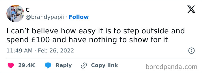 Tweet about spending £100 easily, highlighting British humor.