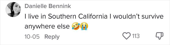 Comment from user expressing love for Southern California after moving to a blue state for the first time.