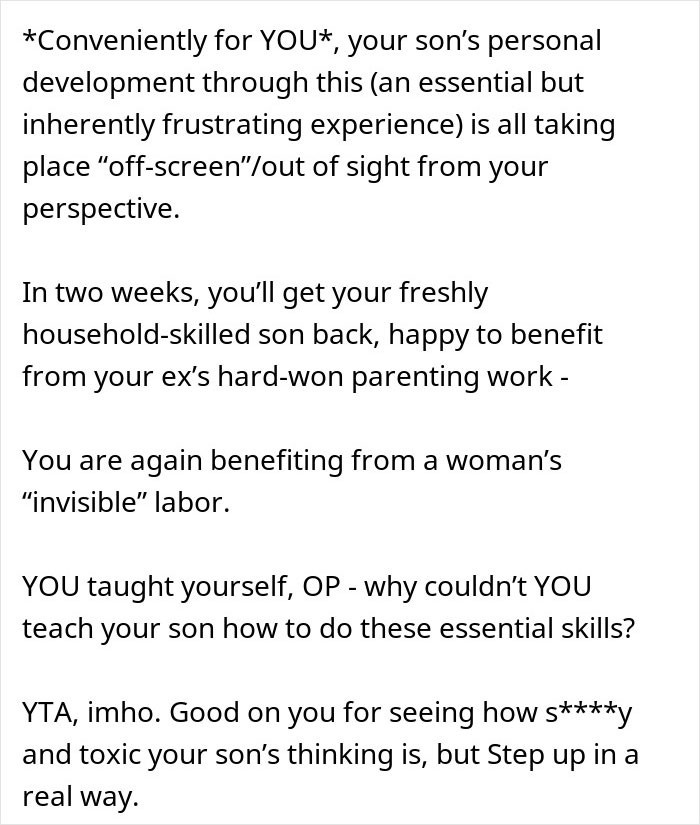 Text exchange criticizing gender roles in chores, highlighting failed men perspective.