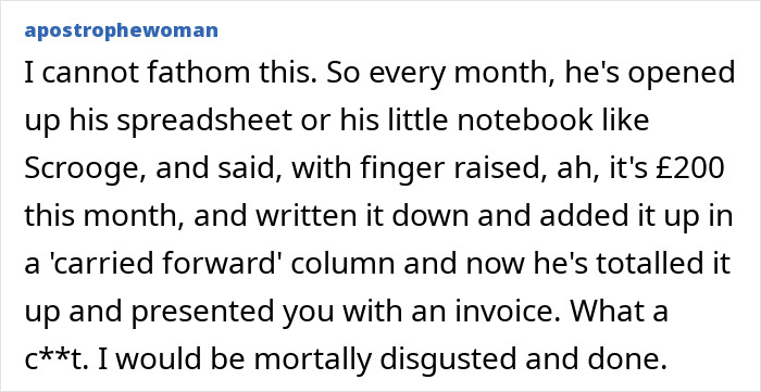 Text from a user's comment expressing shock and disgust about a husband's invoice for maternity leave.