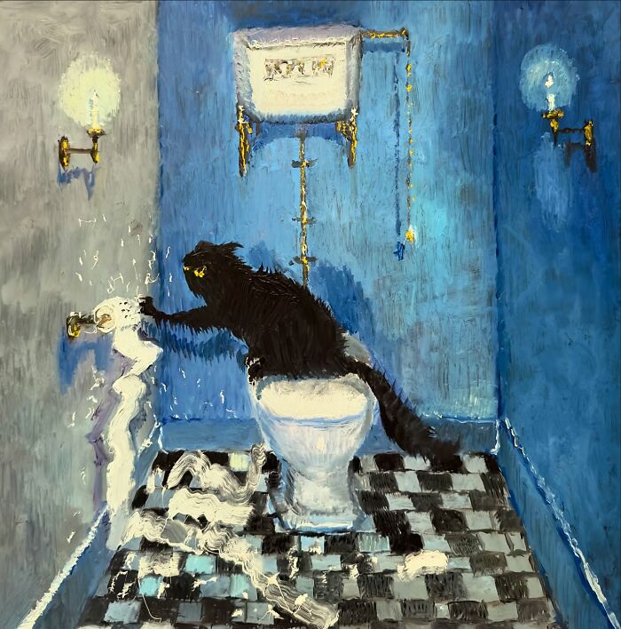 Chaotic black cat unraveling toilet paper in a blue-tiled bathroom setting.