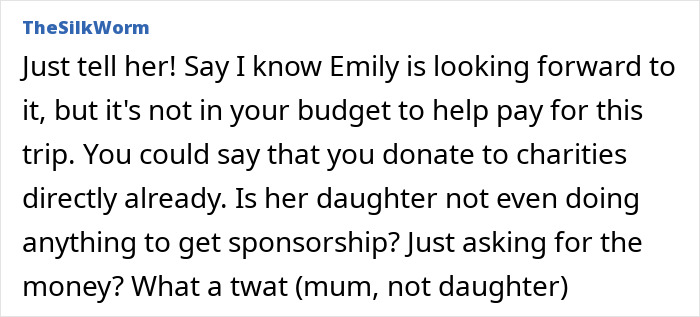 Text conversation about a woman asking to fund her daughter's exotic trip, mentioning budget concerns and charity donations.