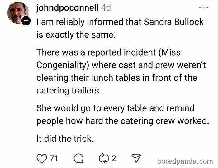Social media post praising Sandra Bullock's kindness on a film set, highlighting Hollywood celebrities' niceness.