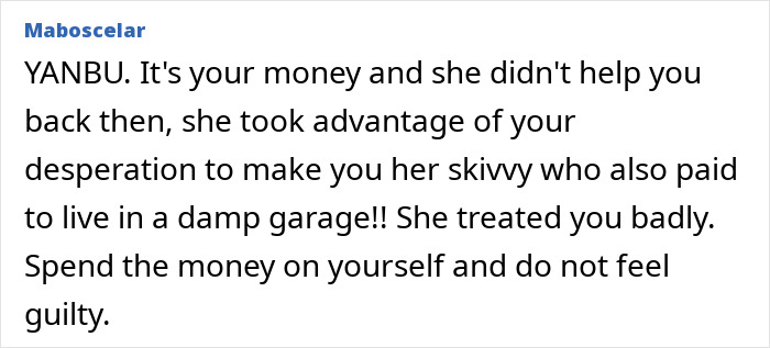 Text message supporting decision not to share lottery winnings, citing past mistreatment. Text message supporting decision not to share lottery winnings, citing past mistreatment.