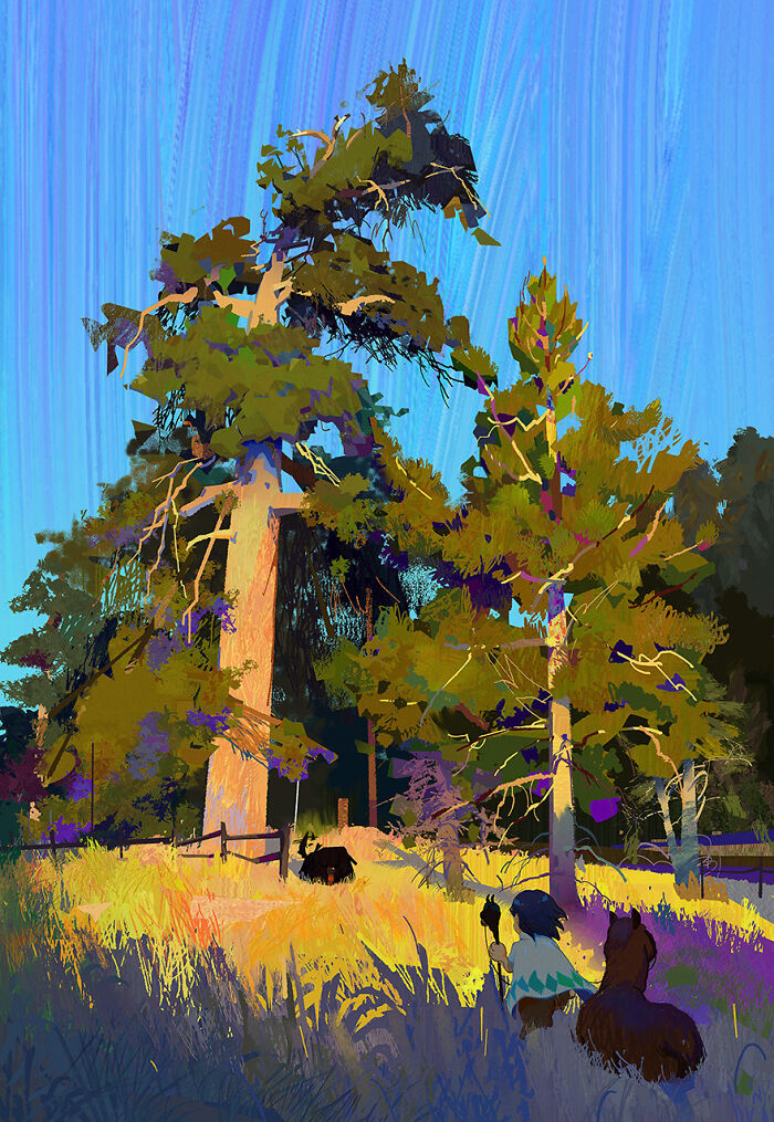 Cozy plein-air painting of a dog with textured strokes and warm colors, creating an inviting and homely feel.