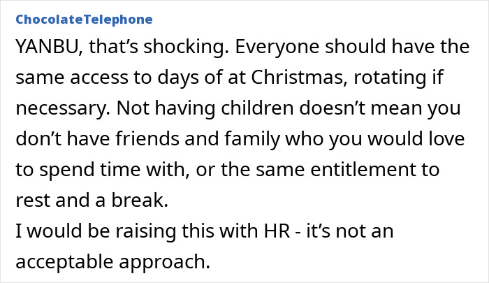 Text discussing Christmas work discrimination and calling for fair treatment from HR.