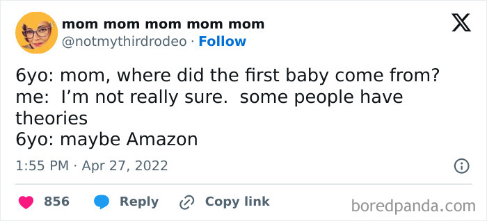 Tweet about a funny take on where babies come from, with a kid suggesting Amazon as the source.