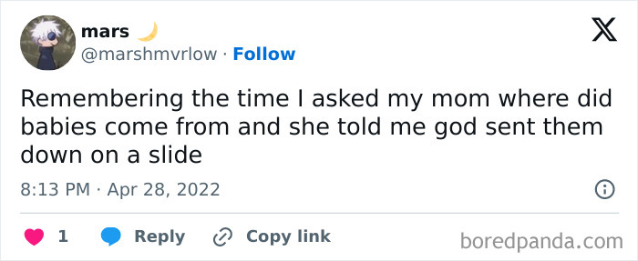 Funny tweet about asking where babies come from, featuring a whimsical response involving a slide from mom.