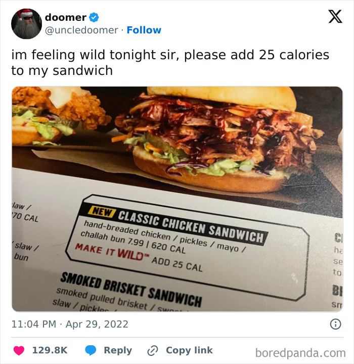 Funny meme of a menu with a classic chicken sandwich offering an extra 25 calories for a wild experience.