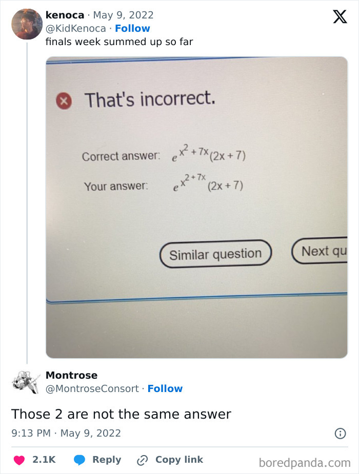 Math meme highlighting incorrect answer during finals week.