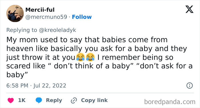 Funny tweet about where babies come from, joking about babies being sent from heaven on request, featuring emojis.