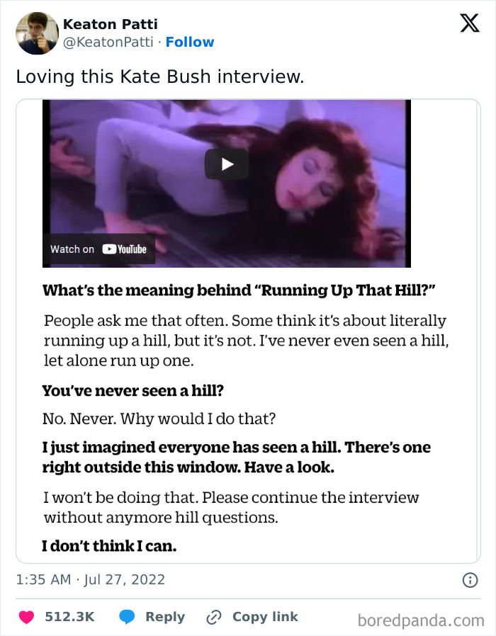Funny meme about the meaning of "Running Up That Hill," highlighting a humorous mock interview with Kate Bush.