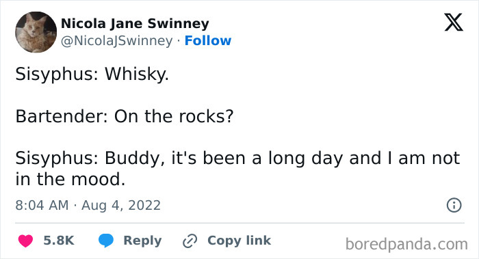 Relatable mental health meme about Sisyphus ordering whisky after a long day.