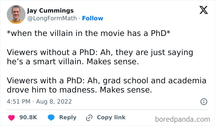 Funny comment about movie villain with a PhD, highlighting different viewer perspectives, on social media.