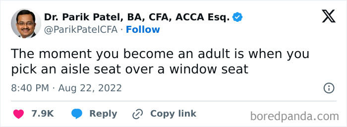 Tweet about adult preferences in airplane seating, emphasizing choosing aisle over window.