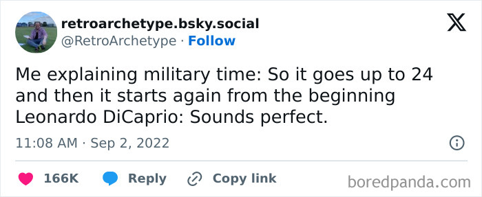 Funny meme about military time, featuring a humorous conversation with Leonardo DiCaprio, sparking laughter.